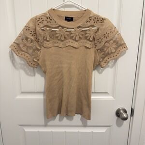 Ontwelfth Women's Brown Stretch Blouse Floral‎ Sheer Top Size Small